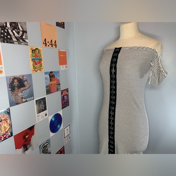 Punk Pinstripe Hook and Eye Off Shoulder Bodycon Mini Dress GBG - Picture 3 of 10